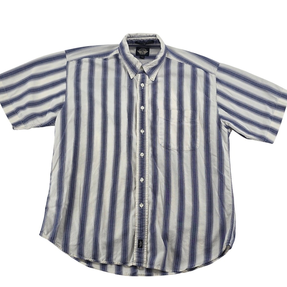 Dockers Shirt Womens M Button Down Blue White Striped Short Sleeve Cotton